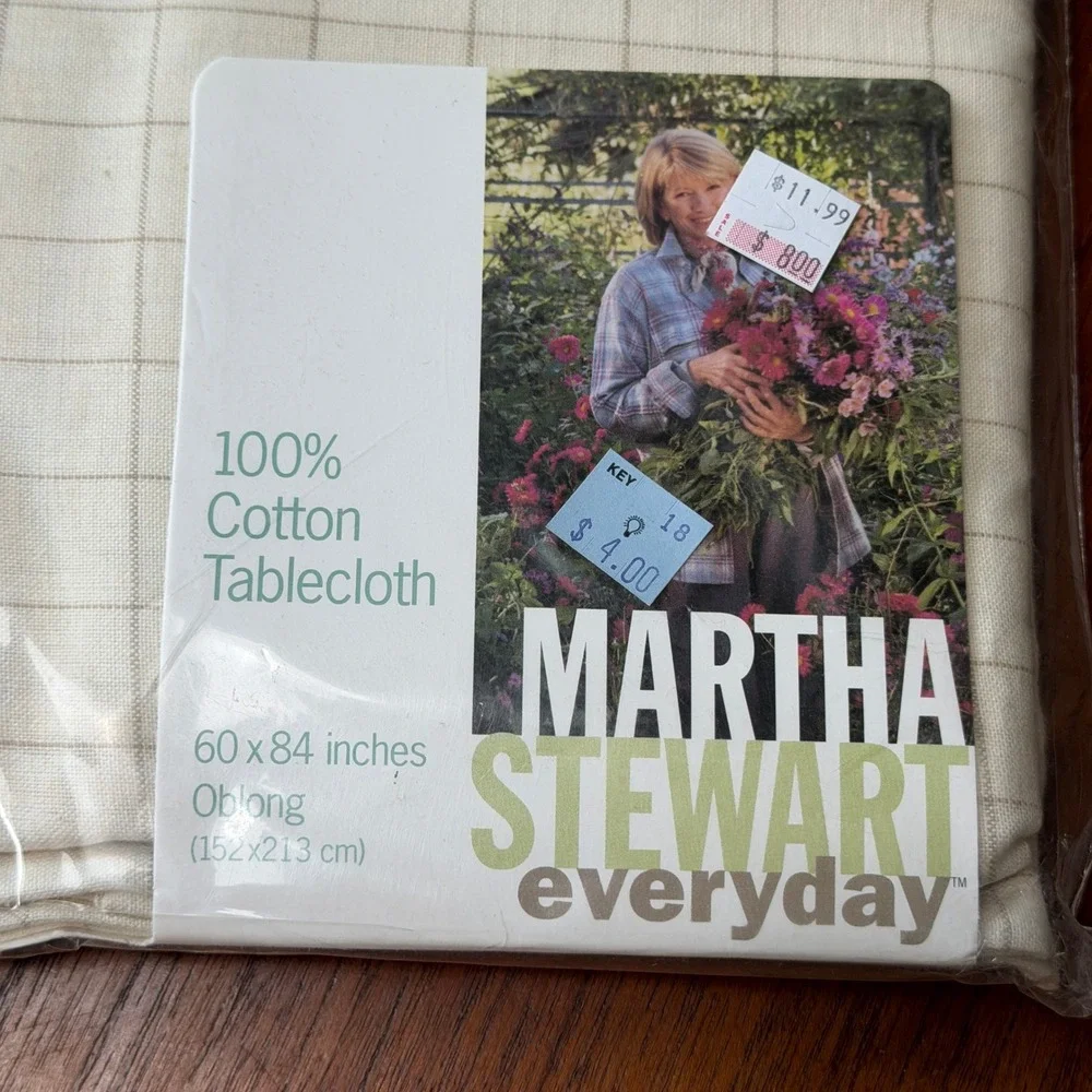 TWO NEW VTG Martha Stewart Everyday Cotton Tablecloth 60x84 Oblong Cream Grid